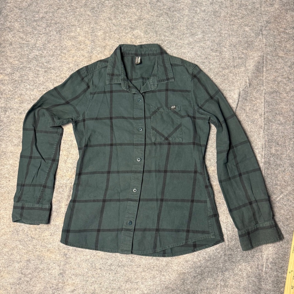 Fox Racing Plaid Button Up Shirt Womens XS Green Black Long Sleeve Cotton Top